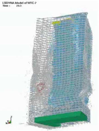 IG. 3: The final frame of NIST’s WTC 7 computer model shows large deformations to the exterior not observed in the videos (Source: NIST)