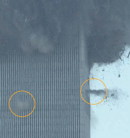 Image result for images of High-velocity bursts of debris, or “squibs,” being ejected from point-like sources in WTC 1 and WTC 2, as many as 20 to 30 stories below the collapse front.